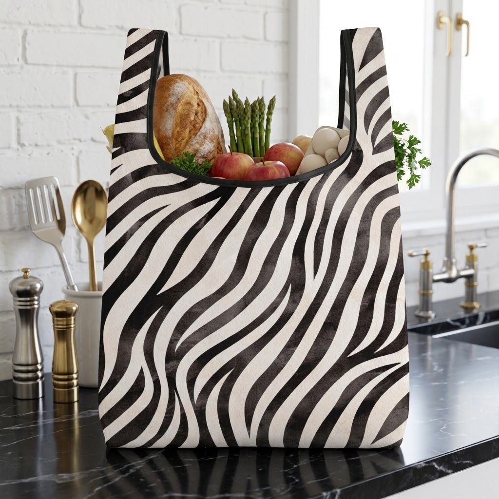 A reusable tote bag with a bold black and off-white zebra stripe pattern sits on a black kitchen countertop, filled with groceries including bread, asparagus, apples, and eggs. The background shows a bright white brick wall and a modern kitchen sink.