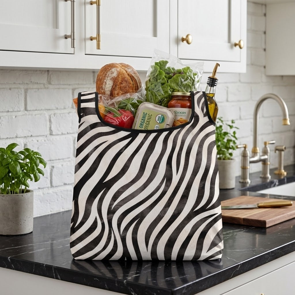 A black and white zebra-print reusable shopping bag filled with groceries, including a loaf of bread, greens, a jar, and an olive bottle, set on a black kitchen countertop in front of white cabinets.