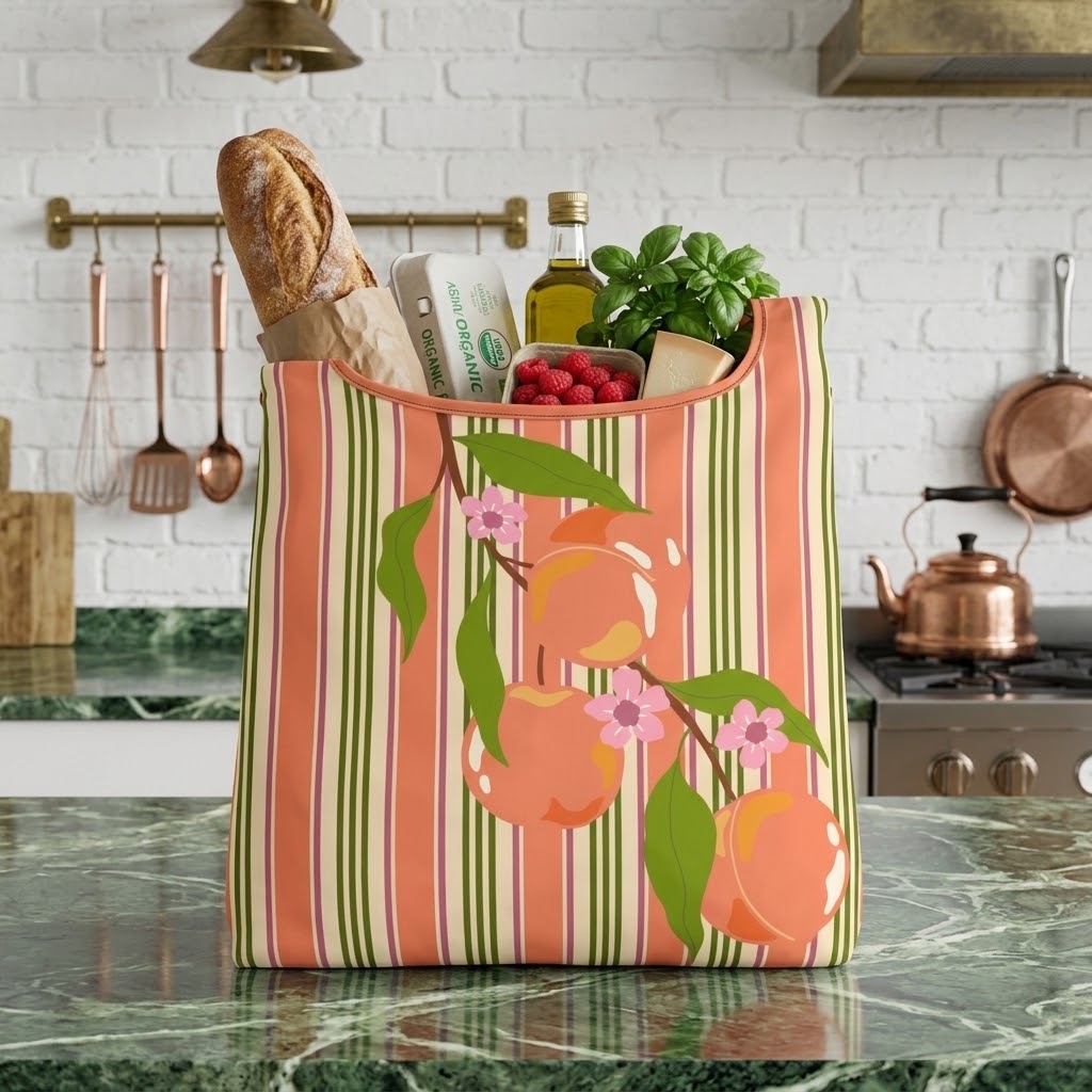 A striped fabric shopping bag with peach and green floral graphics sits on a green marble countertop in a kitchen setting, filled with groceries including a loaf of bread, a bottle of olive oil, and a bag of chips.