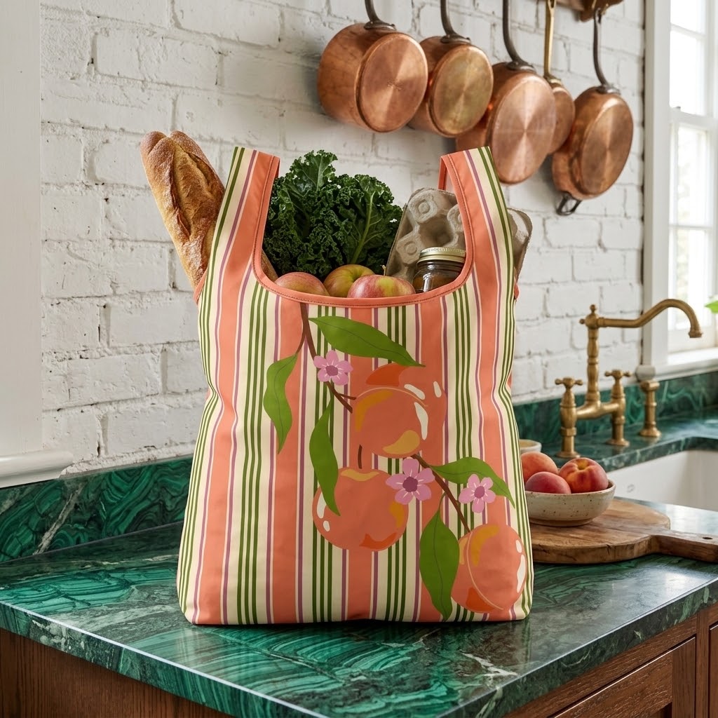 A reusable tote bag with vertical peach, orange, and green stripes and a peach-and-pink floral print, filled with groceries including a loaf of bread, kale, and fruit, set on a green marble kitchen counter in front of a white brick wall with copper pots hanging above.