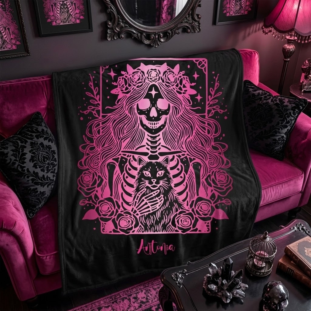 Skeleton Woman and Cat Personalized Velveteen Blanket - Pink Cat Mom Tarot Throw
