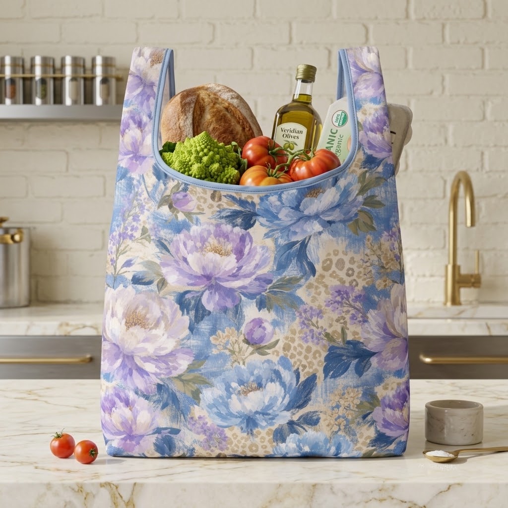 A reusable tote bag with a blue, purple, and beige floral print, filled with groceries including a loaf of bread, broccoli, tomatoes, and a bottle of olive oil, set on a kitchen counter.