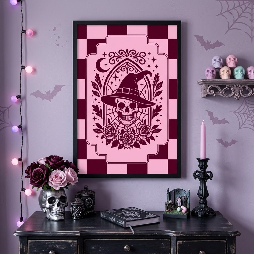Retro Modern Gothic Skull Checkerboard Print