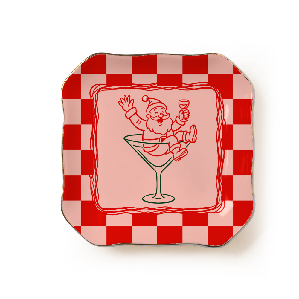 Martini Glass Santa Retro Checkerboard Trinket Tray