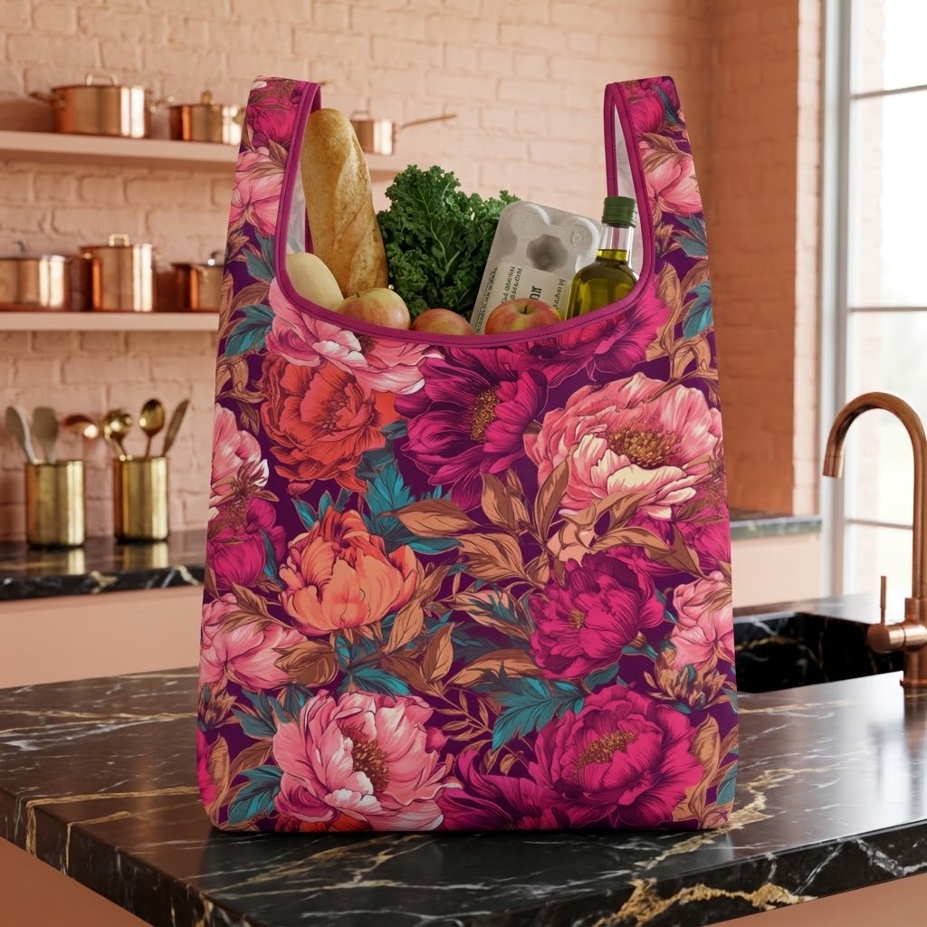 A reusable shopping bag with a bold pink, red, and orange floral print sits on a black marble kitchen counter, filled with groceries like a loaf of bread, greens, and a bottle of olive oil, with a kitchen background.