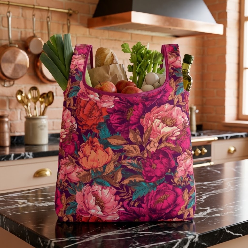 A reusable tote shopping bag with a bold floral print in pink, red, and teal, filled with groceries like bread, greens, and an olive bottle, set on a black marble kitchen counter.